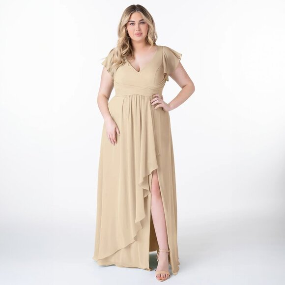 Azazie Omari Champagne A-Line Bridesmaid Dress - Size 24 - Picture 1 of 13